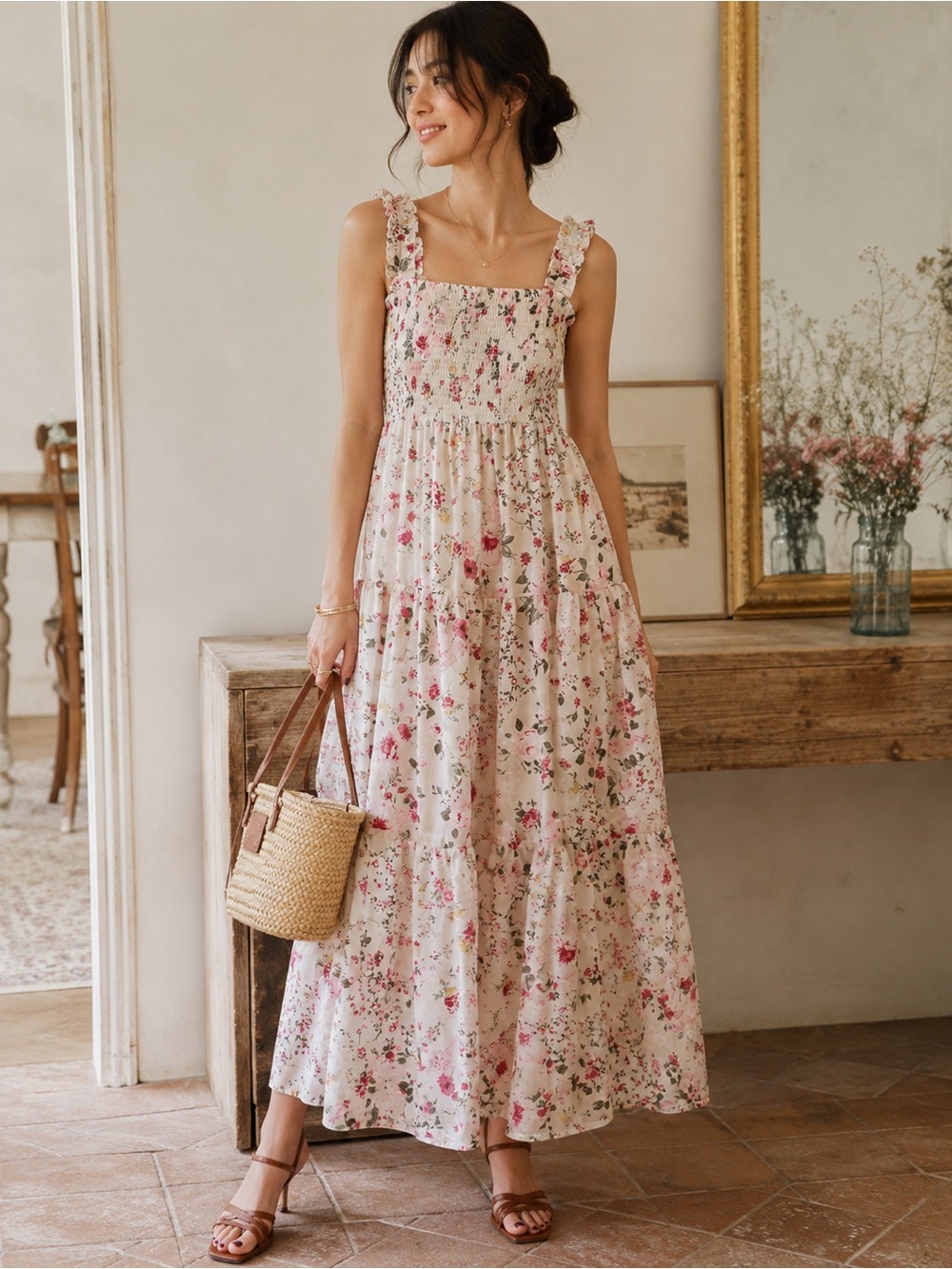 Forever 21 Cream Floral Maxi Dress with Pink & Green Print
